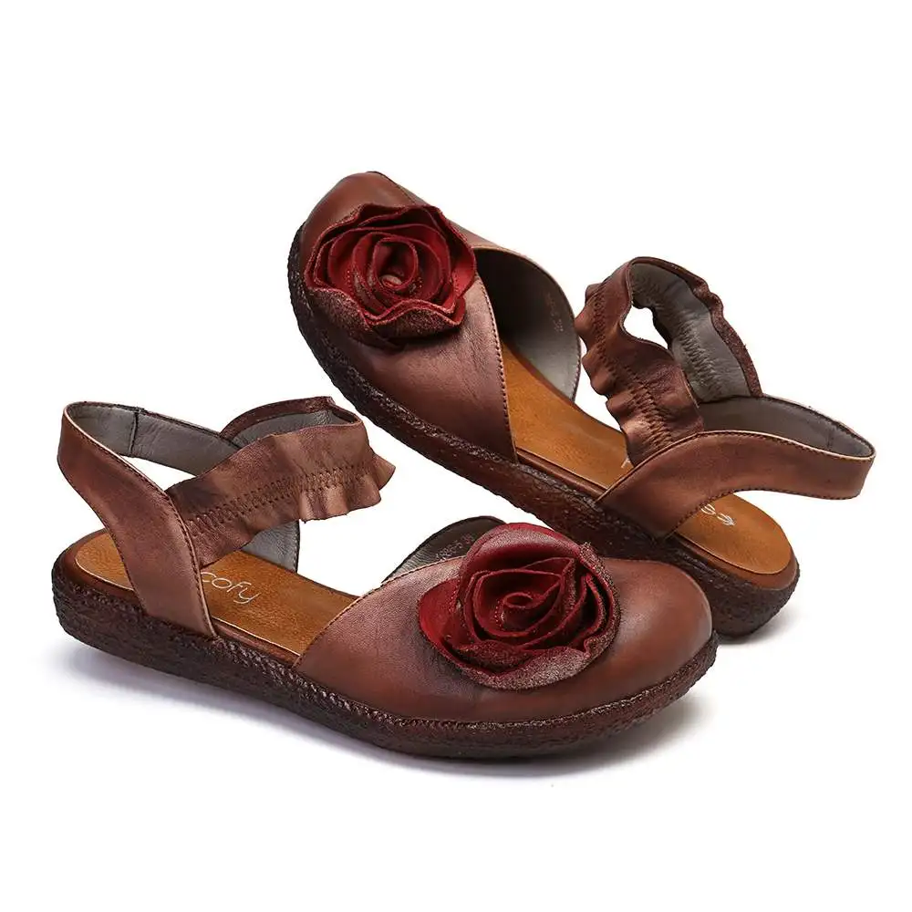 SOCOFY/женские босоножки из натуральной кожи ручной работы с цветочным рисунком на мягкой подошве с эластичной лентой в винтажном стиле с цветами; летние сандалии