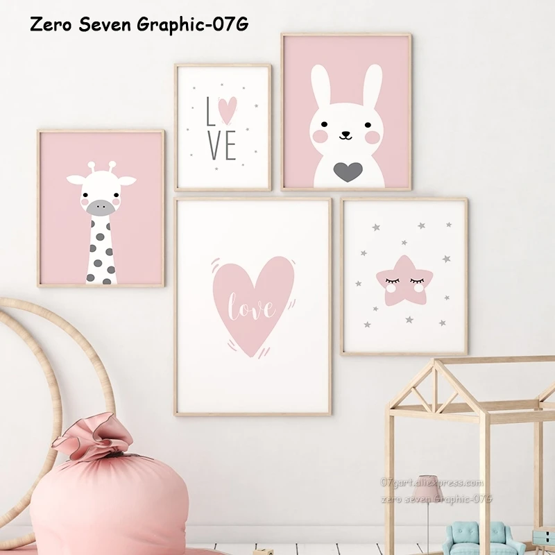 Toile De Style Nordique Simple Mignon Pour Decor De Chambre Bebe Et Fille Motifs Imprime Dessin Anime Rose Love Lapin Girafe Etoiles Affiche D Art Mural Aliexpress