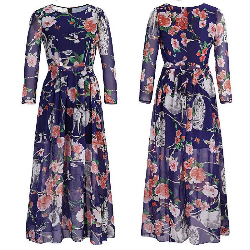 

2018 Spring And Summer New Style WOMEN'S Dress Owl Printed Europe And America Long Sleeve Large Size Chiffon Dress