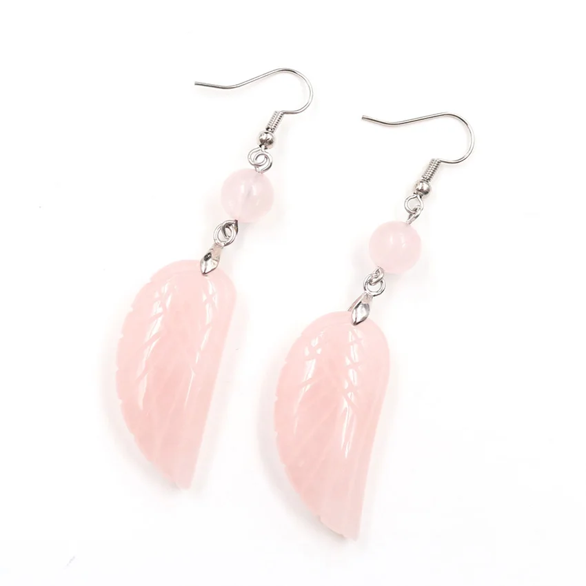 

Unique Feather Silver Plated Angel Wing Fluorite Stone Drop Earrings Rose Pink Quartz Temperament Jewelry