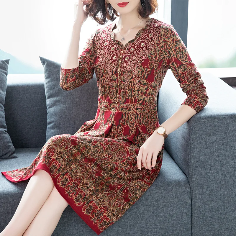 

2019 Autumn Clothing New Style Western Style Printed Long-sleeved Dress Women's Slimming Slim Fit Spring And Autumn Mid-length S