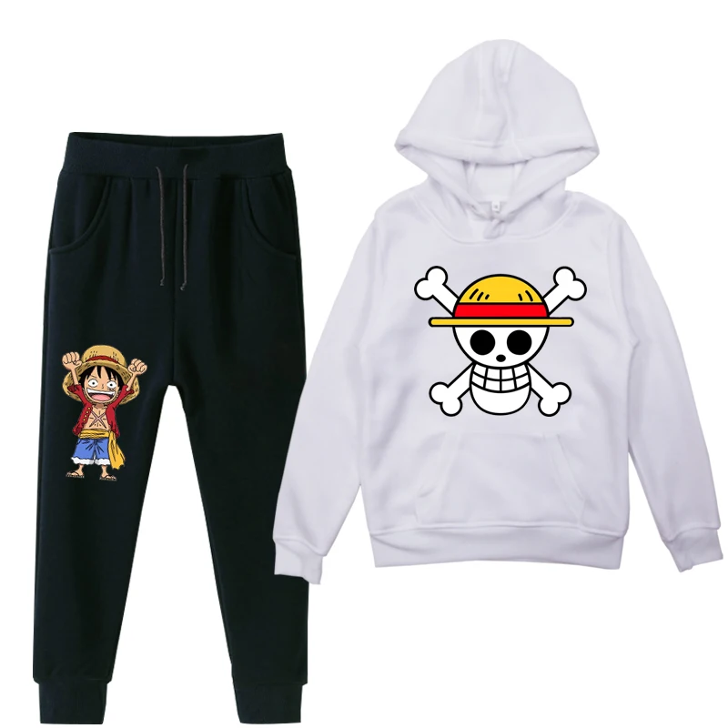 ONE PIECE Luffy 2pcs Boys Girls Clothes Suit Children Winter Whiter Hoodies And Pants Kids Plus Velvet Warm Jogging Suit - Цвет: 012
