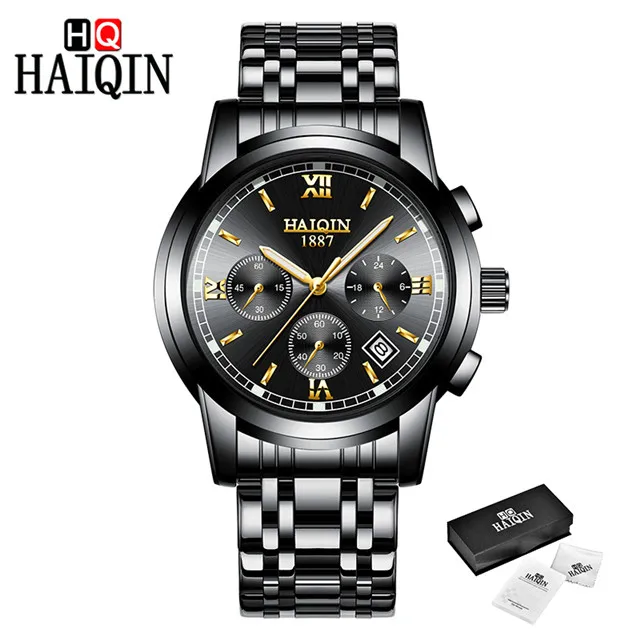 HAIQIN 2019New кварцевые роскошные спортивные мужские часы из нержавеющей стали повседневные деловые модные водонепроницаемые часы с хронографом Reloj Hombre - Цвет: S-All black