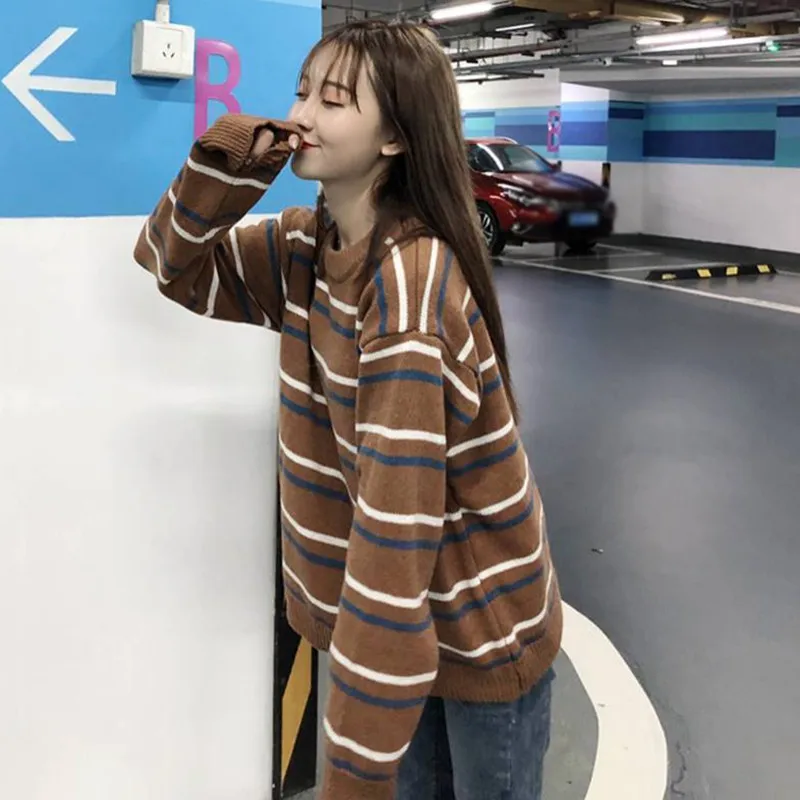 Sweet Student Harajuku Knitted Loose Sweater Outwear Women Soft Autumn Casual Warm Striped Long Sleeve O-Neck Pullovers Sweet Student Harajuku Knitted Loose Sweater Outwear Women Soft Autumn Casual Warm Striped Long Sleeve O-Neck Pullovers