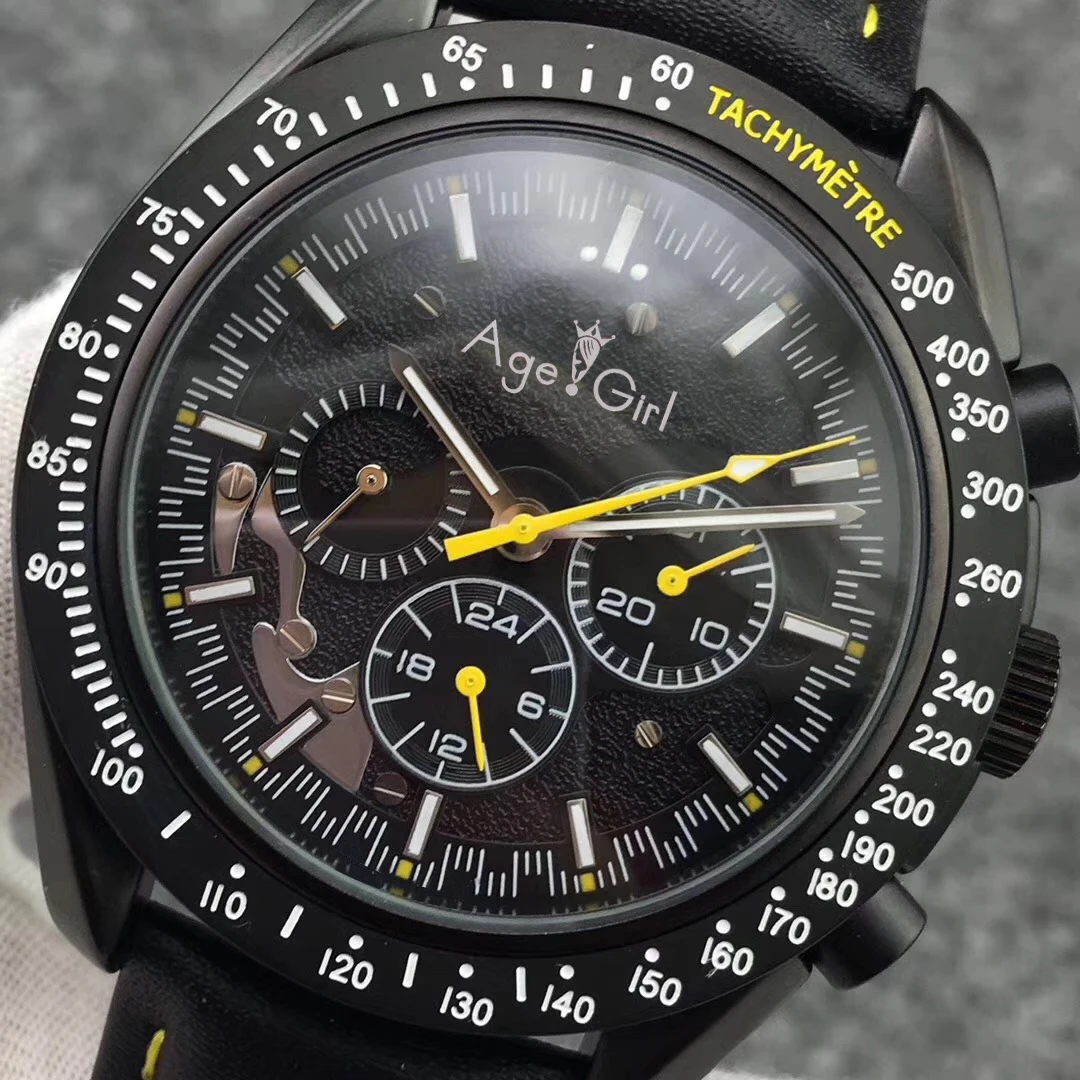 

Luxury Brand New Men Automatic Mechanical Watches Speed Full Black Leather Canvas Luminous Red Blue Yellow Moon Watch Glass Back