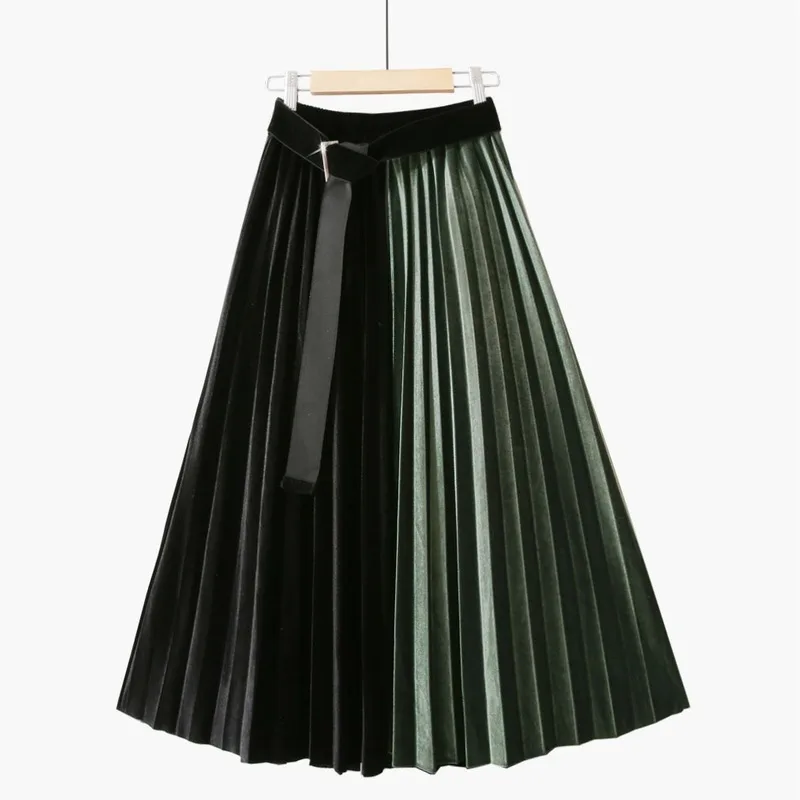 dark green Woherb, Золотая Бархатная винтажная модная юбка для женщин, контрастные цвета, высокая талия, шнуровка, средняя длина, юбки осень-зима, Корейская Новинка 91232 - Цвет: dark green