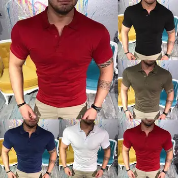 

Men Solid Color Blouse Top Short Sleeve Turndown Collar Button Slim and Fit Shirt
