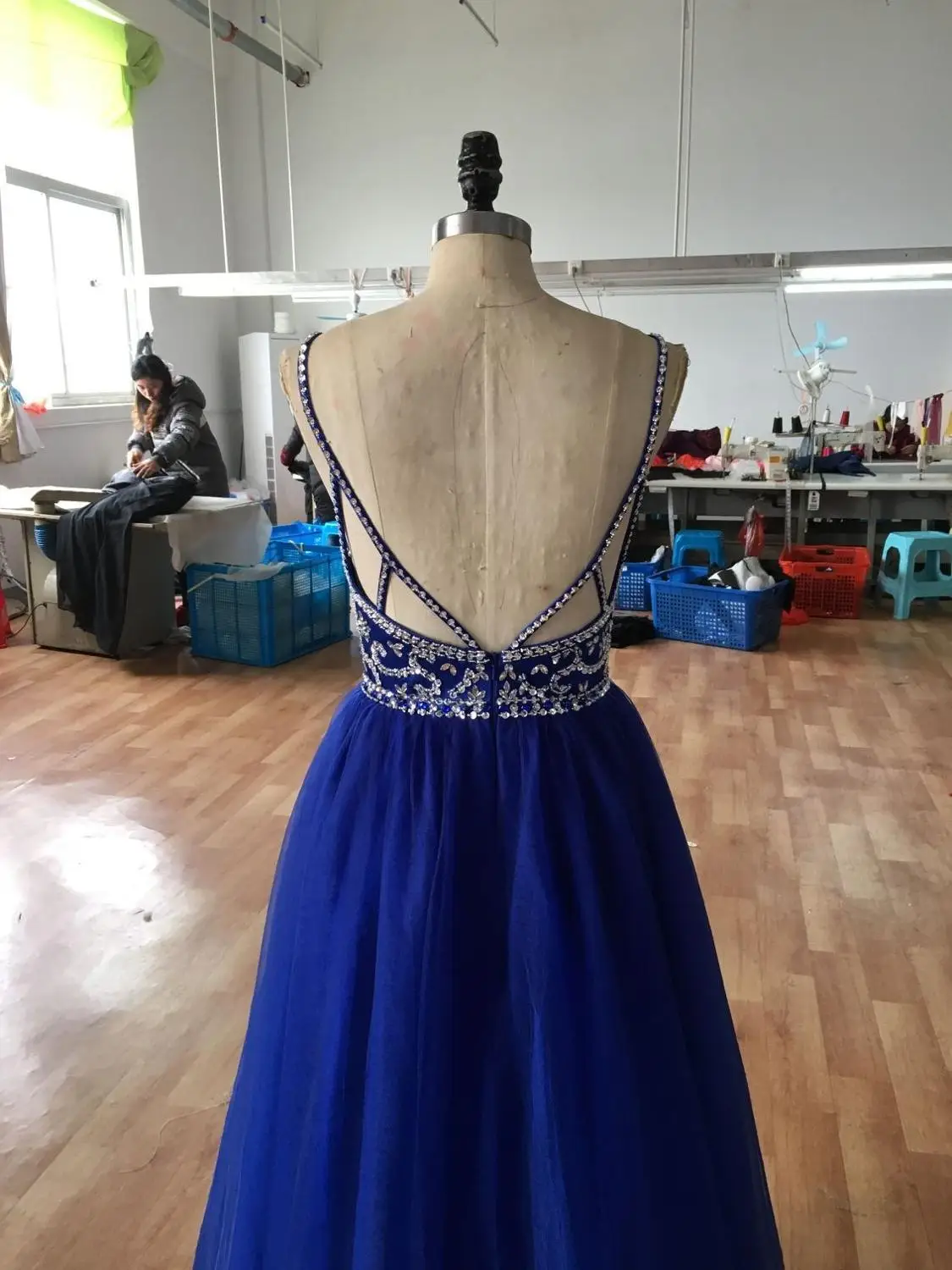 Blue Long Prom Dresses Straps with Sweetheart A-line Floor Length Beaded - Цвет: Синий