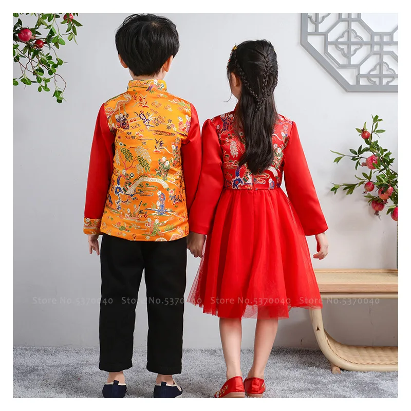 Китайский новогодний традиционный Детский костюм в стиле династии Тан; Ципао для девочек; платье принцессы на свадьбу; пальто Hanfu для маленьких мальчиков; Топ и штаны