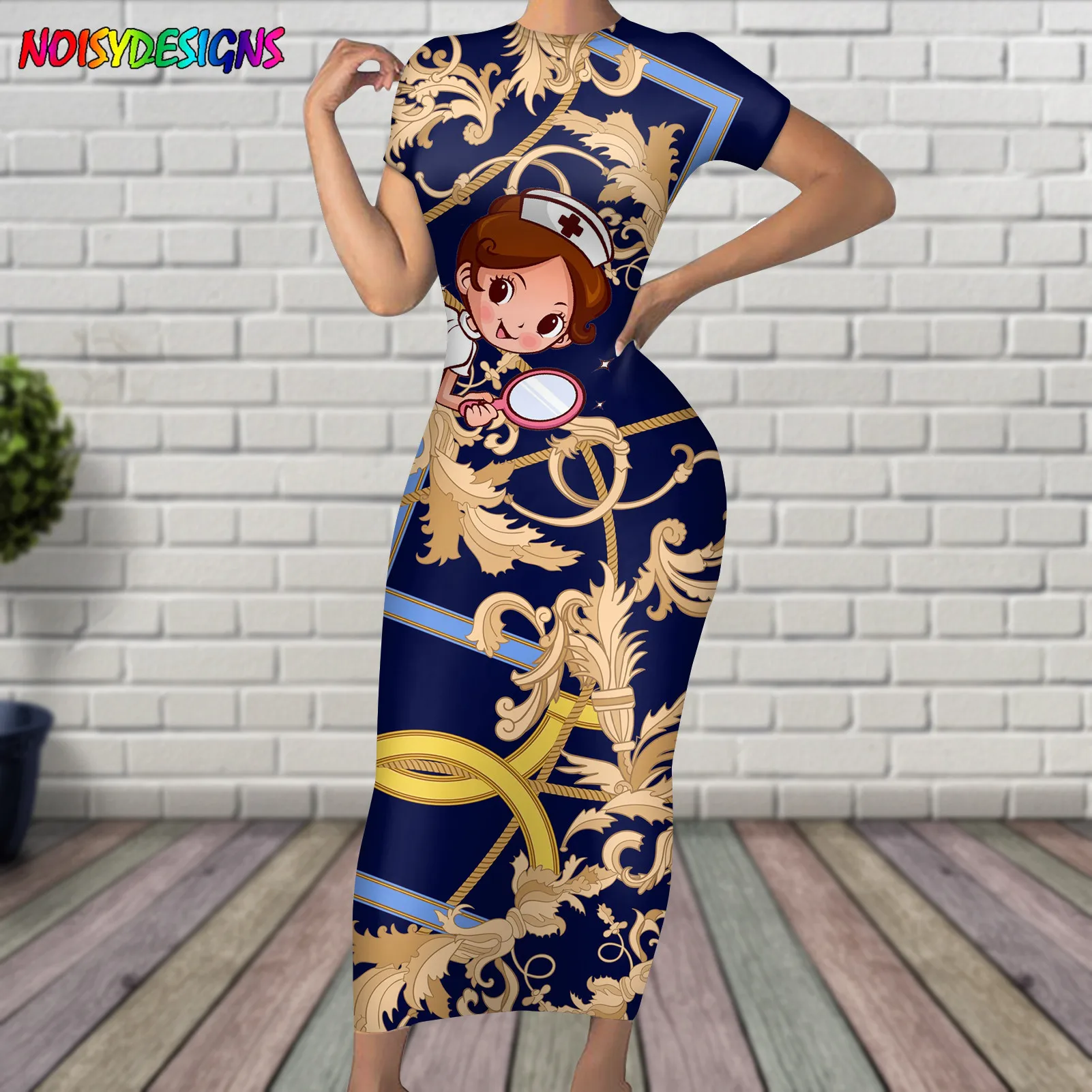 

NOISYDESIGNS Dress Women Golden Chain Flowers Euporean Pattern and Nurse Girls Printed Bodycon Women's Summer Dresses Vestido