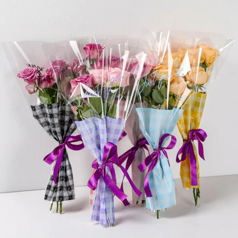 

60pcs Plastic Plaid Transparent Flower Wrapping Bags Bouquet Florist Packaging For Wedding Party Valentine's Day