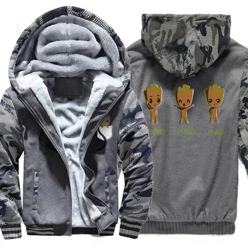 

2019 Winter Warm Thicked Hoodies I'm Groot Fashion Men Sweatshirts Cute Print Zipper Jacket Streetwear Camouflage sleeve Tops