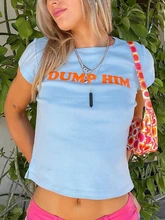 

Cute 2000s Aesthetics Letter Print Blue Baby Tees Y2K Streetwear O-neck Short Sleeve Crop Tops Women Fashion 2022 Slim