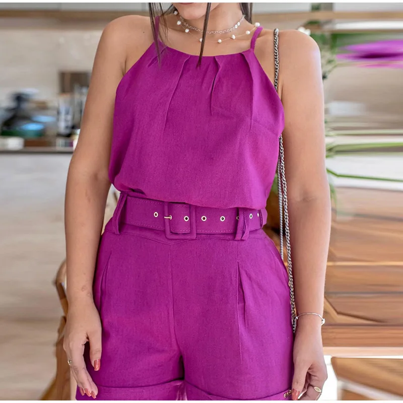 Casual Halter Two Piece Sets Women Summer 2021 Sleeveless Tops And Wide Leg Belt Shorts Female Loose Backless Elegent Solid Sets women's sets