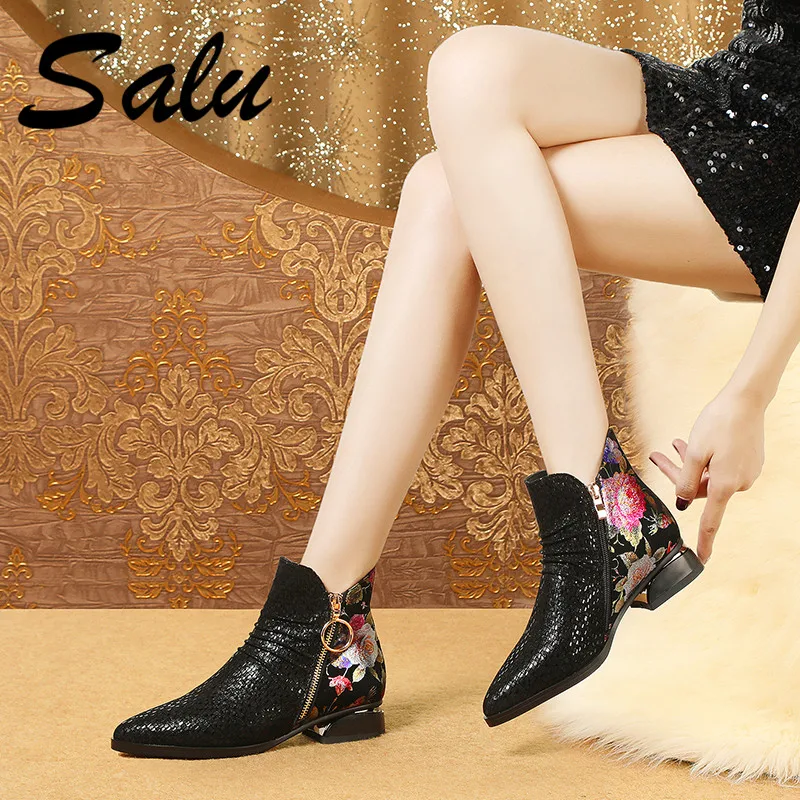 

Salu suede leather Women Boot strage low heels ankle boots 2020 New poined Toe Woman Winter Shoes woman large size 40