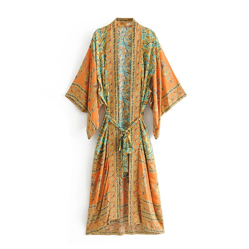 Vintage chic women print bat sleeve beach Bohemian dresses Kimono Ladies V neck Tassel Summer Boho dress vestidos|Платья| |