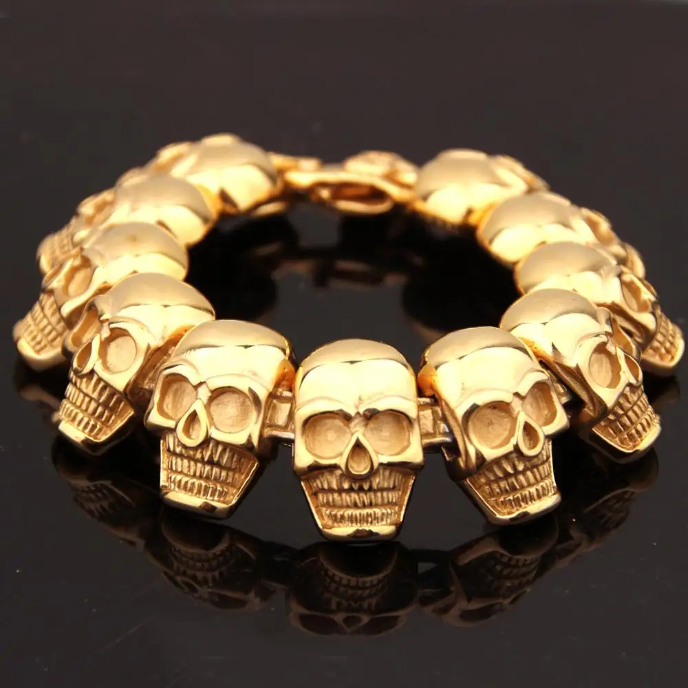 Лидер продаж, панк браслеты с черепом для мужчин, нержавеющая сталь, Блестящий череп, очаровательные звенья цепи, браслеты для мужчин, готические ювелирные изделия 8,66"