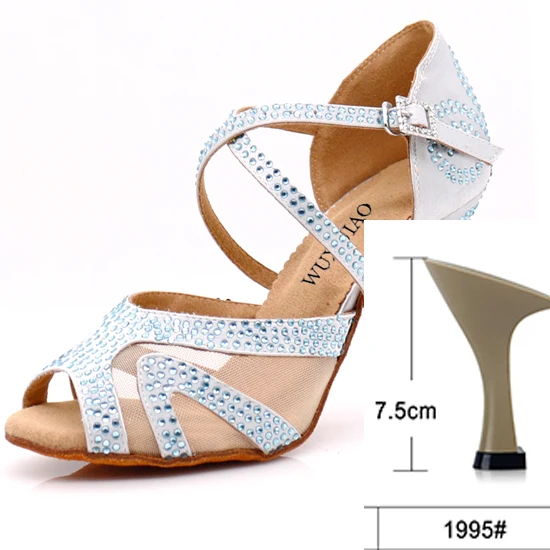 WUXIJIAO/Серебристые атласные латинские женские туфли для танцев; вечерние туфли со стразами для бальных танцев; женская обувь 9 см - Цвет: heel 7.5cm