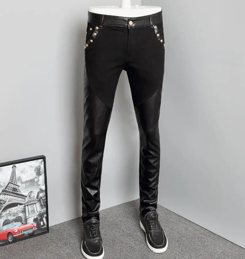 28-36 New 2020 Men's Fashion Denim Patchwork Half Leather Pants Hairdresser  Pants Plus Size Costumes - Casual Pants - AliExpress
