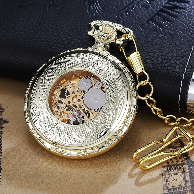 Roman Numeral Mechanical Pocket Watch Luxury Golden Vintage Steampunk Skeleton Fob Chain Clock for Men Women Collection Gift