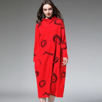 

Winter Dress Cotton Plus Size Women Red Black Oversized Print Pocket Elegant Warm Party Autumn Winter Dresses Female 4XL