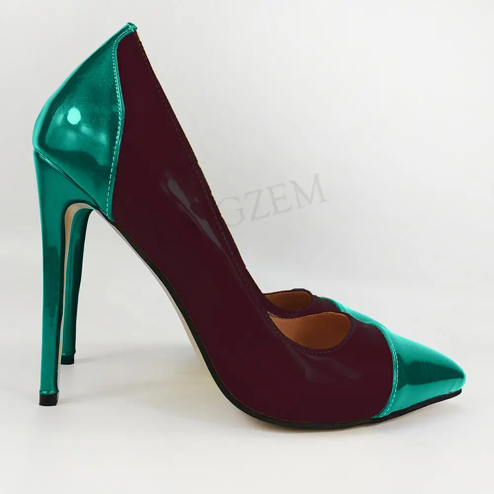 Green-Burgundy LAIGZEM/цветные женские туфли-лодочки на каблуке, 4 сезона классические модельные туфли из лакированной кожи на шпильке без застежки Tacones Zapatos; большие размеры 38, 45, 47 - Цвет: Green-Burgundy