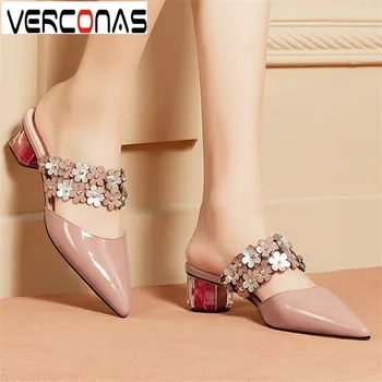 

VERCONAS Women Flowers Shallow Mules Thick Heel Genuine Leather Pointed Toe Slippers Sandals Elegant Thick Heels Shoes Woman