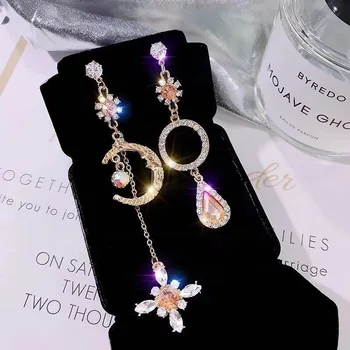 

S925 silver pin new retro earrings female inlaid crystal zircon stars moon drops asymmetric earrings