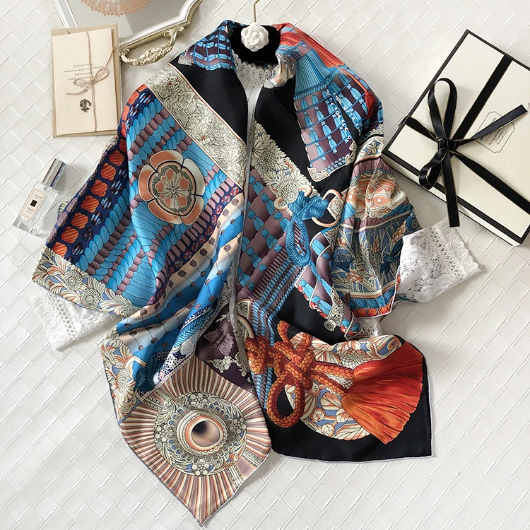 Натуральный шелковый саржевый шарф, модные женские шарфы, шаль, пальто, пончо и накидки, 6 цветов, броня, самурайский узор, 140 см