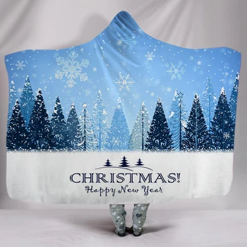 

Happy New Year Holiday Sherpa Fleece Blanket Pine Snowflake Nature View Wearable Hooded Throw Blanket for Home Travel 150x200cm