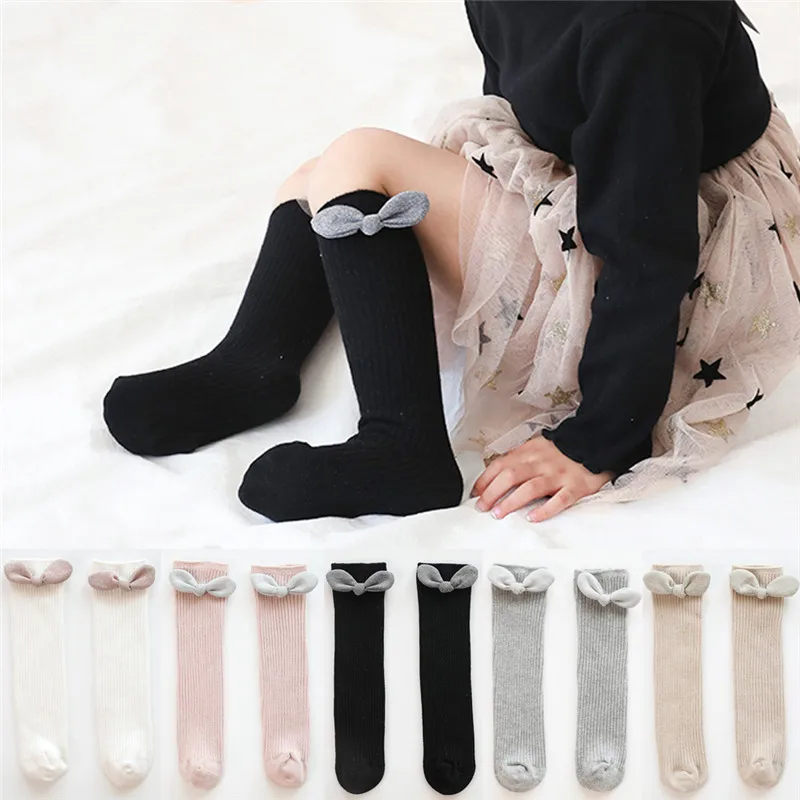 CANIS/чулки для малышей носки для новорожденных однотонные гольфы для маленьких девочек осенне-зимние теплые милые детские носки с бантом