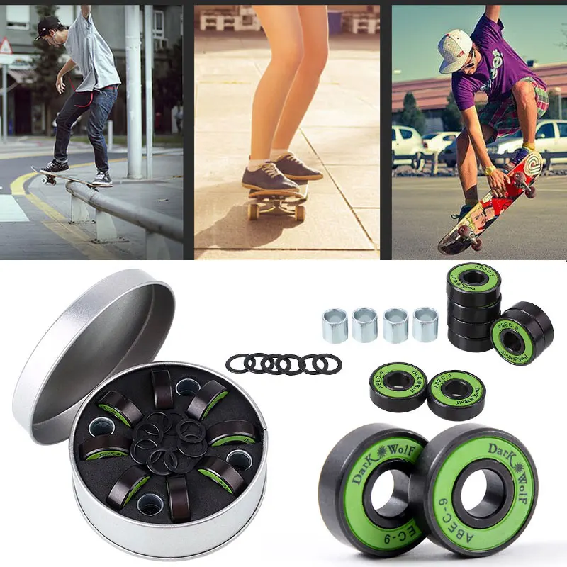 8pcs Skateboard Accessories Parts Bearings with Washer Spacer Kit Set Black