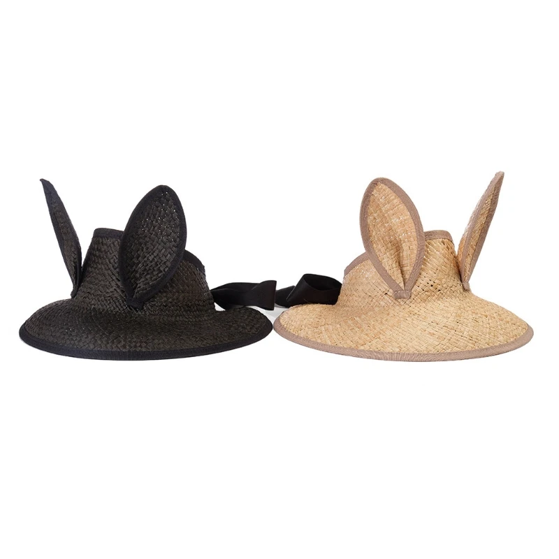 

066F Straw Sunhat Girls Adjustable Sun Protection Cooling for Summertime with Bunny Ears & Adjustable Fixing Strap