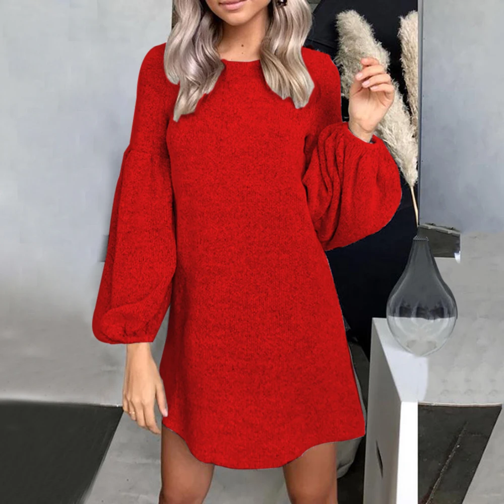 

2019 New Autumn Winter Solid Knitted Cotton Sweater Dresses Women Fashion Loose O-neck Pullover Female Knitted Dress Vestidos