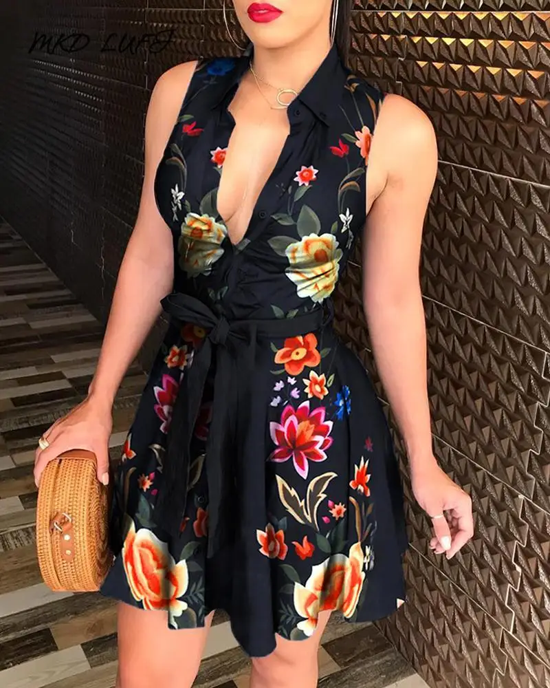 Floral Print Sleeveless Shirt Summer Dress Women Deep V Neck Turn Down Collar Slim Short Dresses | Женская одежда