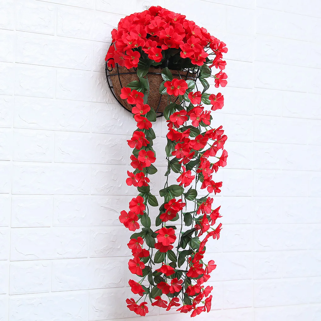 Artificial Flower Vine Wall Mounted Hanging Floral Decor Artificial Violet Vine Home Hotel Decoration, Red