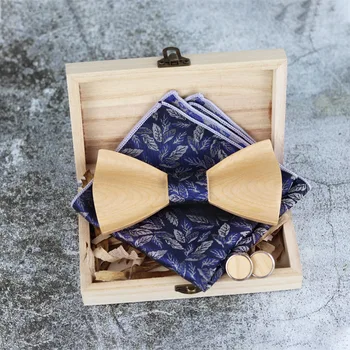 

Elegant Men 3D Carved Wood Bow Tie Paisley Handkerchief Pocket Square Cufflinks Neck Tie Set Wedding Christmas Party Gift Bowtie