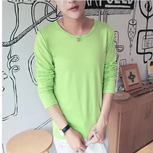 Новинка осени, Мужская футболка, ультра низкая цена, Мужская футболка с длинным рукавом, Мужская Однотонная футболка с круглым вырезом, размер S-3XL - Цвет: Grass green