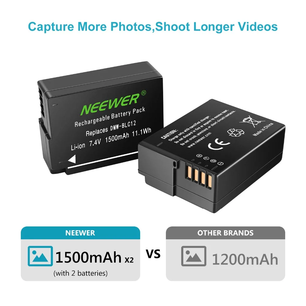 Neewer 2 Pack 1500mAh Replacement Panasonic DMW-BLC12 Battery and Dual USB Charger LCD Display For Panasonic Lumix DMC-FZ200