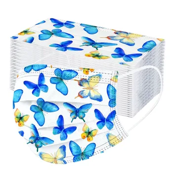 

100pcs Adult's Face Mask Disposable Butterfly Printing Mouth Masks 3 Layers Filter Breathable Earloops Elastic Mouth Face Mask