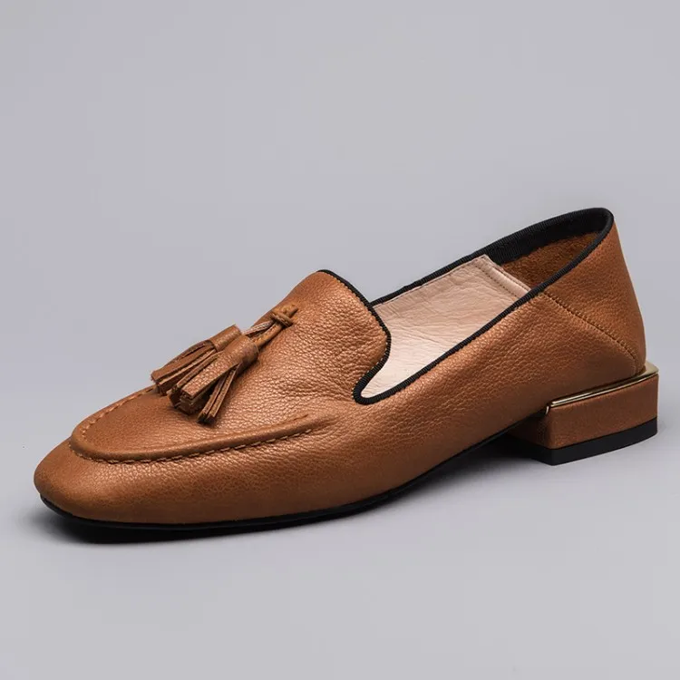 

Chengdu Low Heel Loafers inside And Pure Leather Small 33 WOMEN'S Shoes Tassels Mixed Colors Chunky-Heel Square Heel WOMEN'S Sho
