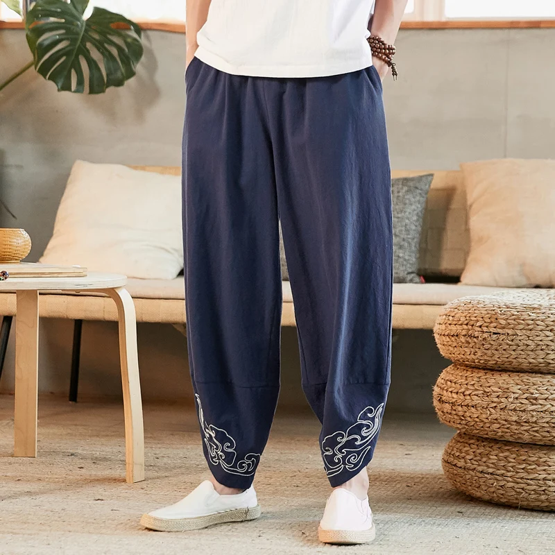 Pantalones de lino informales para hombre, pantalón de chándal con