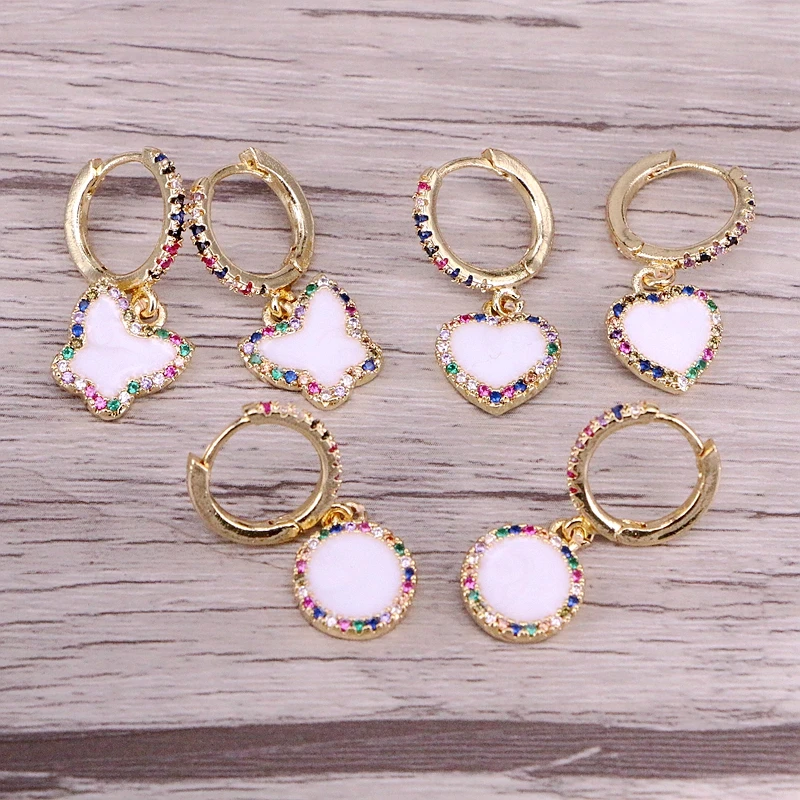 

6Pairs, Colorful Cz Micro Pave Zirconia Gold Color Rainbow Crystal Fashion Shell Earring Dangle Party Jewelry