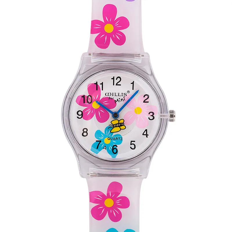 Часы для девочек с рисунком автобуса динозавра, 3d Силиконовые Детские часы для мальчиков и девочек, кварцевые часы для детей, спортивные часы, подарок для детей, водонепроницаемые часы - Цвет: Clear Flowers