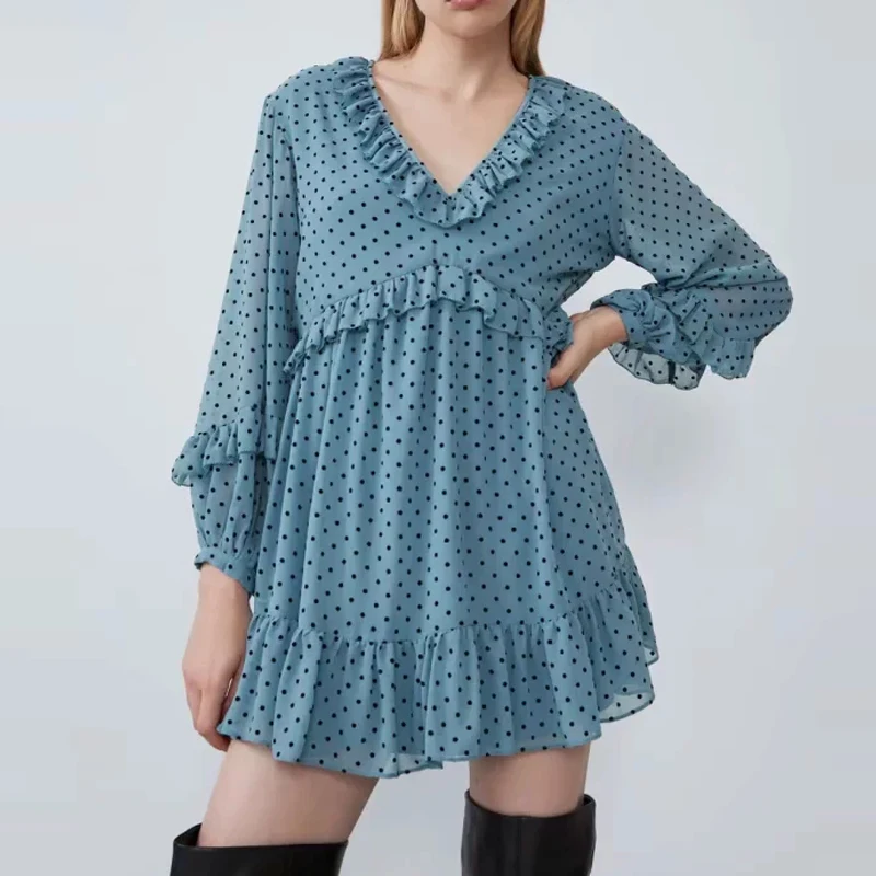

Polka dots print Womens blue Dress Ruffles V neck cascading ruffles high waist vintage zora Dress Vestidos kawaii cute dresses