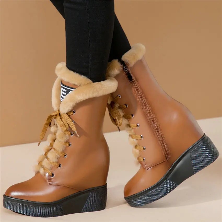 Winter Warm Sneakers Women Cow Leather Wedges High Heel Military Boots Rabbit Fur Platform Pumps Pointed Toe High Top Trainers