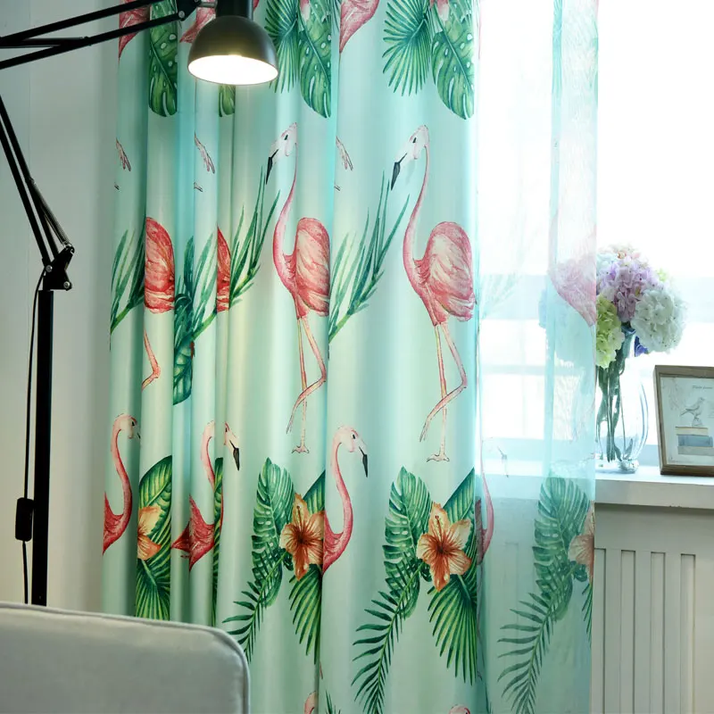 Bedroom children's cartoon flamingo print curtains living room tulle curtains bedroom decoration tulle curtain fabric