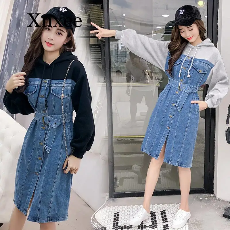 Women Hooded Denim Dress Autumn 