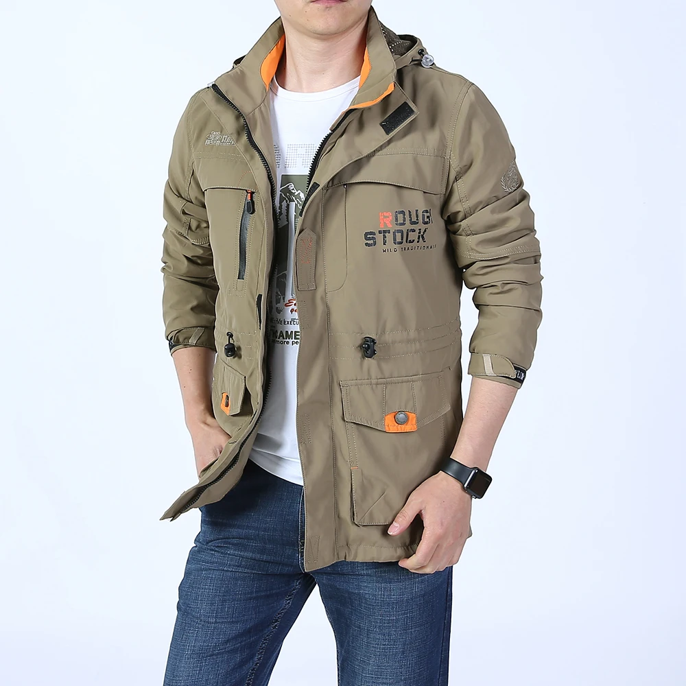 

Casual Jacket Men Hooded Spring Autumn Waterproof Outerwear Overcoats Multi Pockets Windproof Men's Windbreaker XZL-086