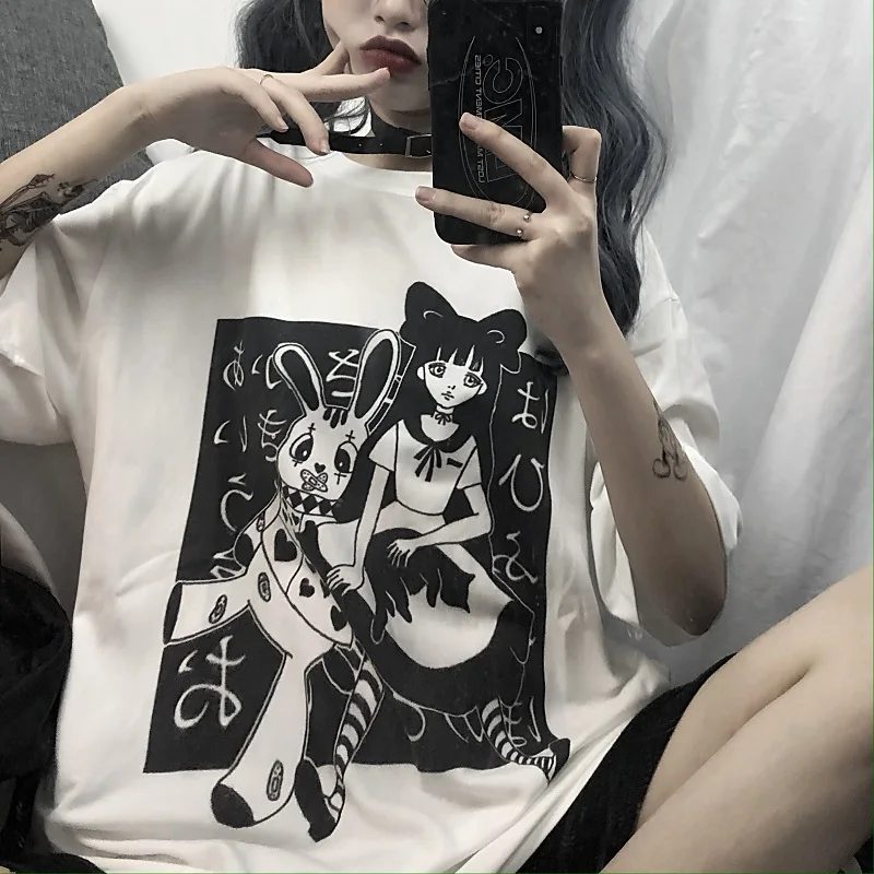 Aesthetic Harajuku T Shirt Gothic Punk Cartoon Print Short-sleeved O-Neck Femme Top Summer Women Tshirt Oversize Street Clothes